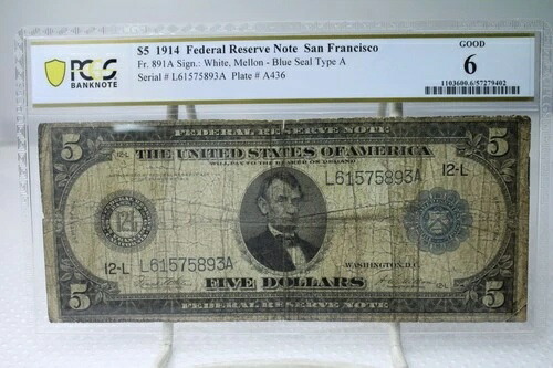 1914年 5ドル連邦準備銀行券 サンフランシスコ Fr.819A PCGS 6 コメントなし #5897