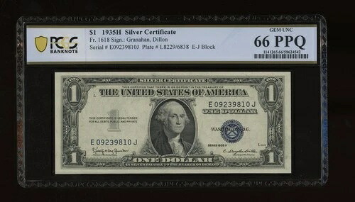 DBR $1 1935-H シルバー Fr. 1618 EJ ブロックジェム PCGS-B 66 PPQ シリアル E09239810J