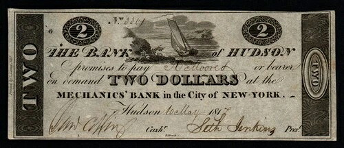 1817 年 $2 The BANK of HUDSON、ニューヨーク、美しい UNC 壊れた紙幣!