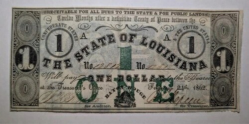 1862年ルイジアナ州1ドル紙幣（Cr. 8）