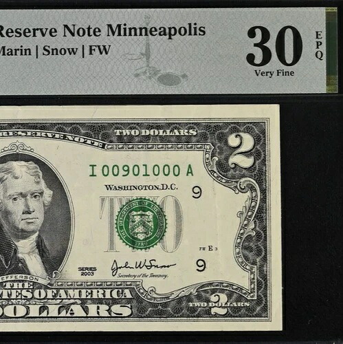 2003年 2ドル連邦準備銀行券 PMG 30EPQ - ファンシーシリアル番号 00901000