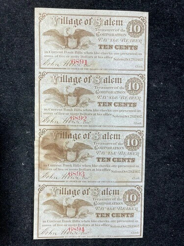 1862年 セーラム村 10セント 4枚組 未カット 連続紙幣 高額