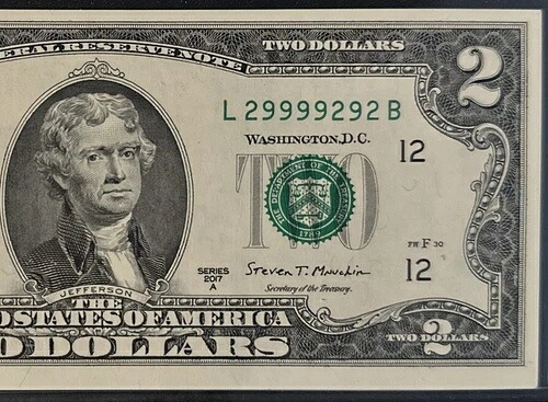2ドル紙幣 L 29999292 B 2ドル紙幣 2桁の9が5つ、2が3つ UNC