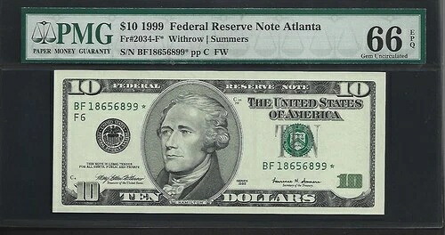 US $10 1999 PMG 66 EPQ UNC Fr#2034-F* スター付き FRN アトランタ ウィズロウ/サマーズ