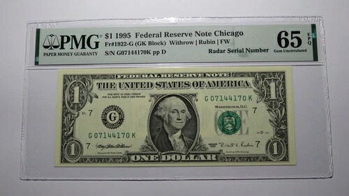 1ドル 1995年 レーダー シリアル番号 連邦準備銀行紙幣 PMG UNC65EPQ