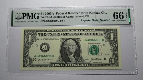 1ドル 2003 リピーター シリアル番号 連邦準備銀行紙幣 PMG UNC66 36,465円