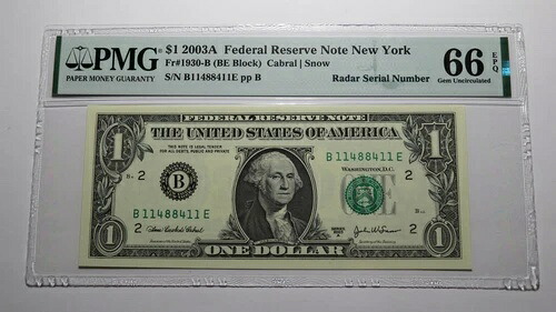 1ドル 2003年 レーダー シリアル番号 連邦準備銀行紙幣 PMG UNC66EPQ