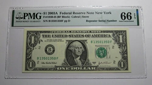 1ドル 2003 リピーター シリアル番号 連邦準備銀行紙幣 PMG UNC66