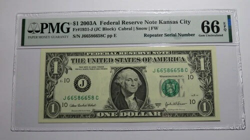 1ドル 2003A リピーター シリアル番号 連邦準備銀行紙幣 UNC66EPQ