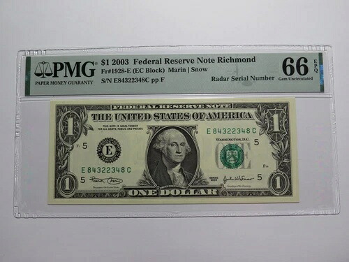1ドル 2003年 レーダー シリアル番号 連邦準備銀行紙幣 PMG UNC66EPQ