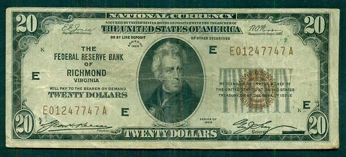 $20.00 FRBN - リッチモンド、1929年、Fr. #1870E、VF