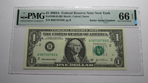 1ドル 2003年 レーダー シリアル番号 連邦準備銀行紙幣 PMG UNC66EPQ