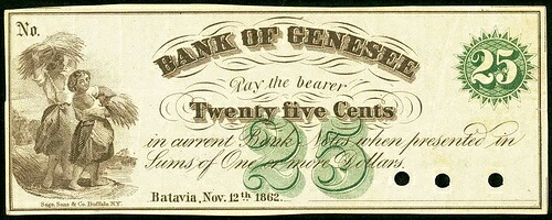 NY 25セント バタビア ニューヨーク銀行 ジェネシー 1862年11月12日 新品未使用