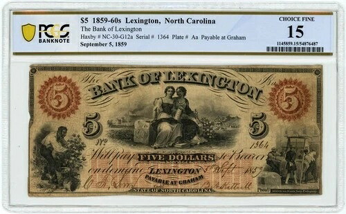 NC-30-G12a $5 1859-60年代 レキシントン、ノースカロライナ州 レキシントン銀行 Ch F15 PCGS 950414-23