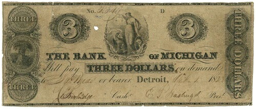 1830年 ミシガン銀行 デトロイト MI $3 No.2549 (L2124)