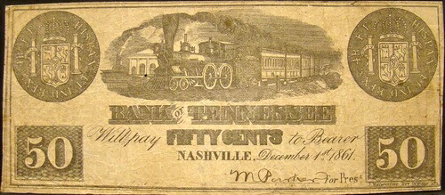 1861年 テネシー銀行 (ナッシュビル) $0.50セント紙幣調整通貨-