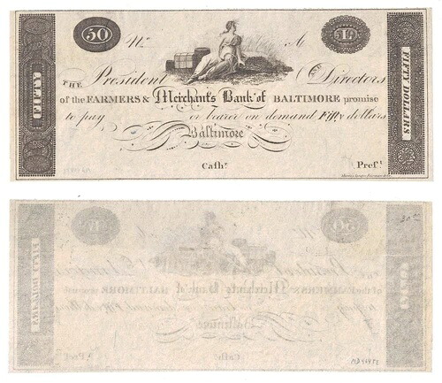 1810年代～20年代 $50 ボルチモア農民商人銀行 R-4 MD 5.64.39 残金