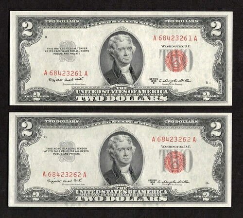 1953B 2ドル法定通貨 Fr. 1511 (2連券ロット) - 未使用