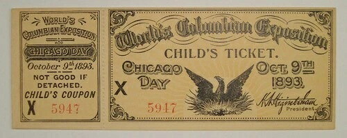 1893年世界コロンビア万博の子供用チケット（半券付き、未使用）