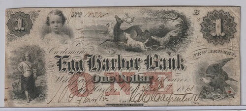 1861年 エッグハーバー銀行 1ドル紙幣 - ニュージャージー州エッグハーバーシティ - スキャン2枚
