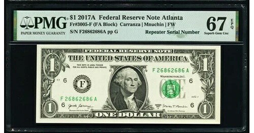 2017A $1 リピーター シリアルナンバー付き 紙幣 アトランタ 67 EPQ PMG 極上宝石 UNC 731
