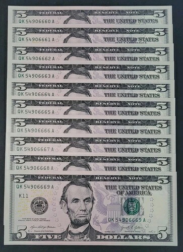 新品 5ドル紙幣 10枚セット 未流通 2021 BEP シリアル番号 6660-6669