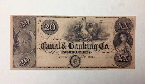1840年代頃のニューオーリンズ運河銀行発行の20ドル紙幣（ルイジアナ州）