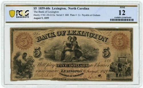 NC-30 $5 1859-60年代 レキシントン NC レキシントン銀行 FINE 12 PCGS 950414-29
