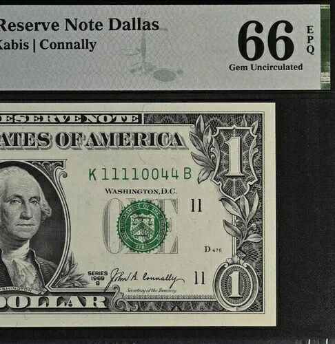 1969年B $1 連邦準備銀行紙幣 PMG 66EPQ ダラス ジェム ファンシーシリアル番号 1110044- 37,895円