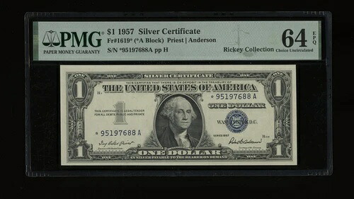 DBR 1957 $1 シルバー STAR *A ブロック Fr. 1619* PMG 64 EPQ シリアル *95197688A