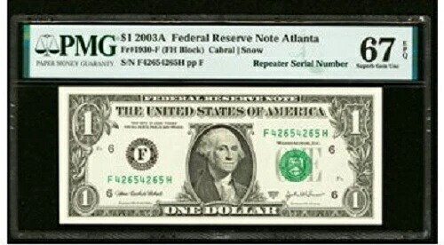 2003A $1 リピーター シリアルナンバー付き ノート アトランタ 67 EPQ PMG 極上宝石 UNC 734