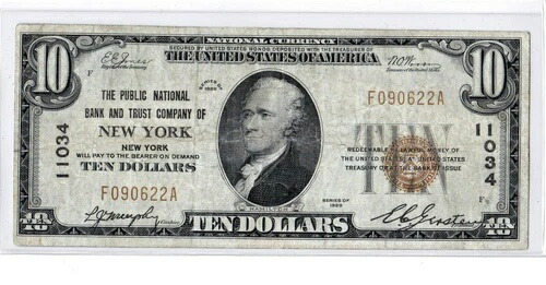 $10 1929 T1 National NEW YORK NY 非常に良好、問題なし！破れもピンホールもありません！