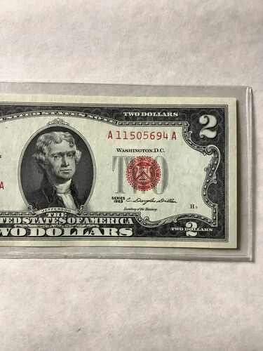 1963年発行の米国2ドル紙幣（赤札）未使用、新品同様