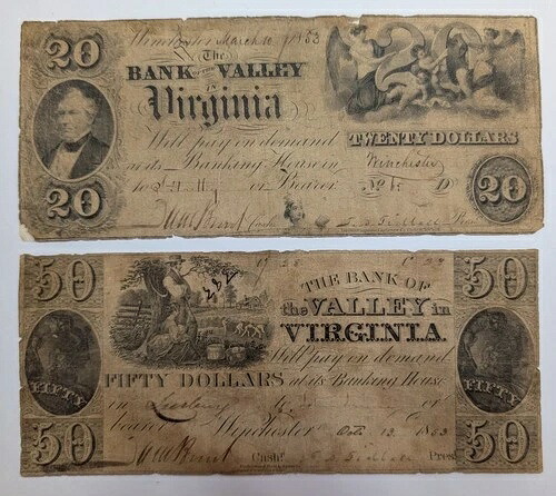 1853年 バンク・オブ・ザ・バレー、ウィンチェスター、バージニア州 20ドル紙幣と50ドル紙幣