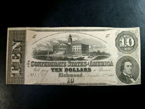 1862年 10ドル アメリカ連合国 タイプ52 VF+ SN2491 37,895円