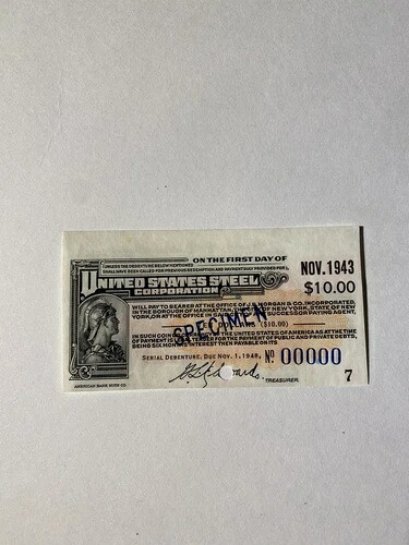 アメリカ合衆国の通貨 ユナイテッド・ステイツ・スチール社 見本 10 ドル 1943 年