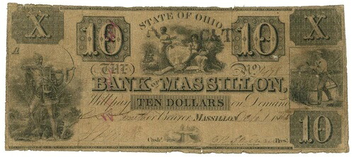 1848年 オハイオ州マスヨン銀行 $10廃止紙幣 No.9478 1609-10 (62494)-