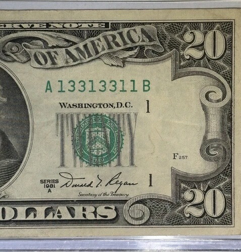 1981年A $20ドル紙幣バイナリーファンシーシリアル番号 13313311.AB-