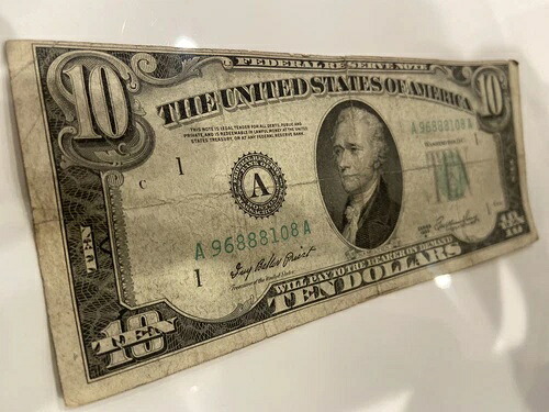 1950年 連邦準備銀行券10ドル紙幣（表面上部の紙のずれあり）