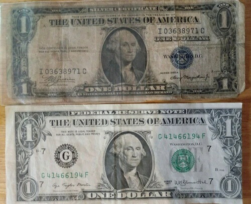 1977 年、中央からずれた米国 1 ドル紙幣。1935 年の 1 ドル銀券が含まれています。 37,895円