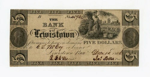 1846年 5ドル ルイスタウン銀行 - ペンシルベニア州ルイスタウン紙幣