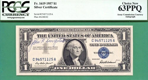 鑑定委員会直筆サイン入り - ジョン・H・セングスタケン?? - 1957年 $1 SC - PCGS CU 63 PPQ
