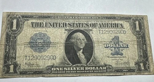 1923年米国1ドル銀券1ドル紙幣ブルーシールラージノート