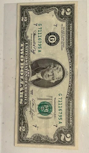 1976年 2ドル紙幣（状態良好、1が3つ） - シリアル番号 G71116795A