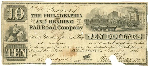 1842年 フィラデルフィア・アンド・リーディング鉄道会社、ペンシルベニア州 10ドル紙幣 No.3070 (L1761) 37,895円