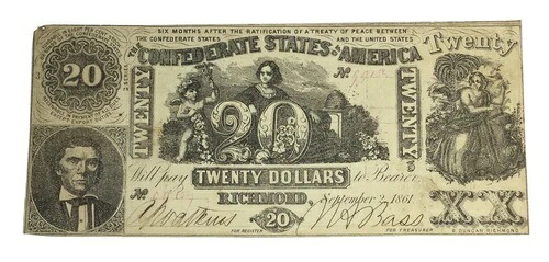 1861年 アメリカ連合国20ドル紙幣（消印あり） VF #