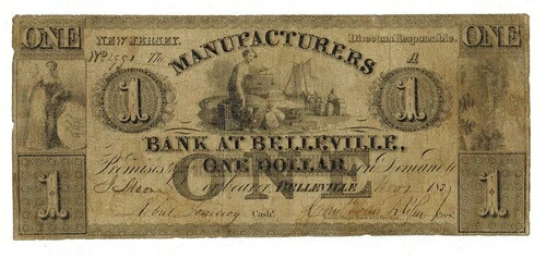 1837年 ニュージャージー州ベルビルの製造業者銀行 1ドル 旧式通貨