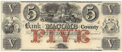 1858年 5ドル マコーム郡銀行 - ミシガン州マウントクレメンス。銀行券