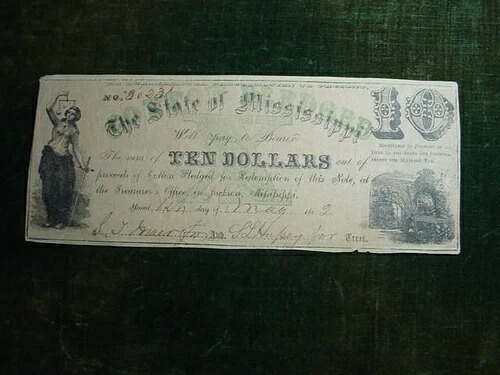 ミシシッピ州の廃止された通貨 10ドル 1862年に質入れされた綿花