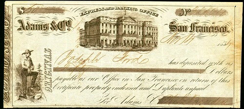 CA $50 サンフランシスコ アダムズ＆カンパニー 1854年4月 ゴールドラッシュ アダムズ・ウッズ・ハスケル署名